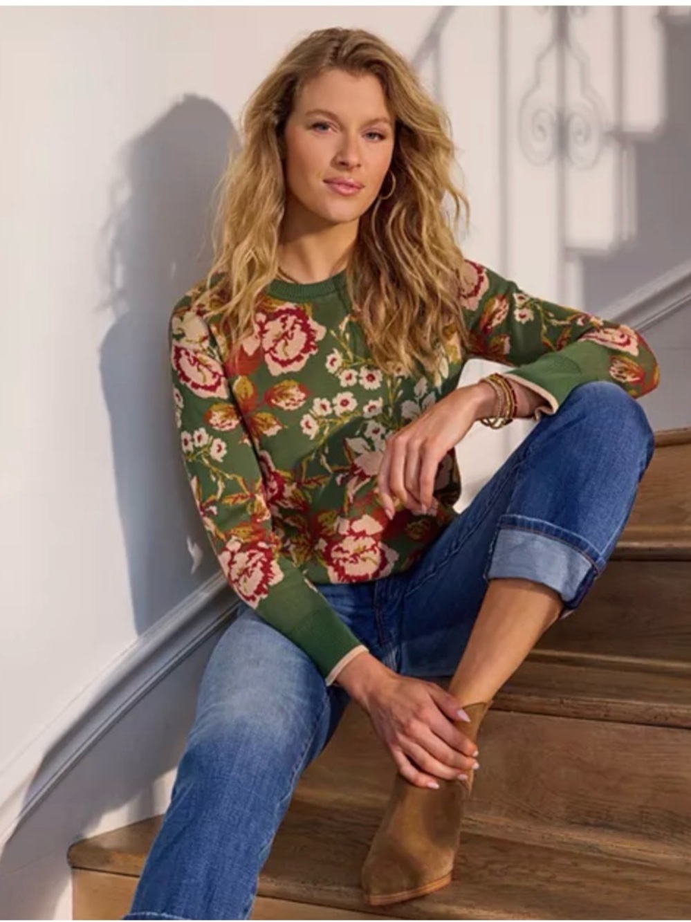 Liverpool Jeans Company Large Cotton Green Floral Jacquard Crewneck Sweater